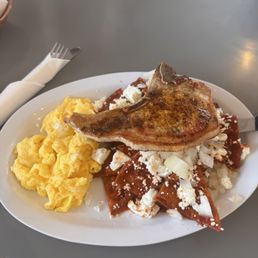 Red Chilaquiles with eggs and Pork Chop. Red Chilaquiles with eggs and Pork Chop.