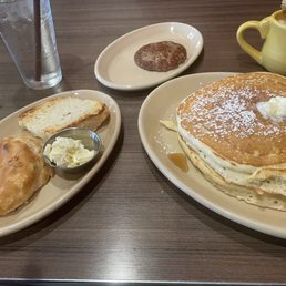 Buttermilk Pancakes, Biscuit, Sausage patty, French Toast Latte. Buttermilk Pancakes, Biscuit, Sausage patty, French Toast Latte.