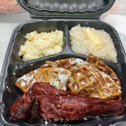 Lucky's Deli - Turkey bacon   waffle and grits.