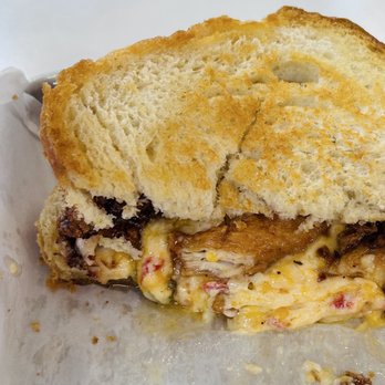 Blue Moon Bodega - Hot Honey Pimento Cheese Fried Chicken Sandwich 1/2 view - Sandwiches Near Me - Spartanburg, South Carolina