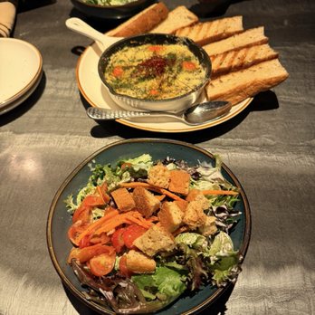 Colton's Social House - House salad and artichoke dip with focaccia bread - New American Near Me - Clovis, California