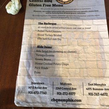 Central BBQ - gluten free menu - Barbeque Near Me - Memphis, Tennessee