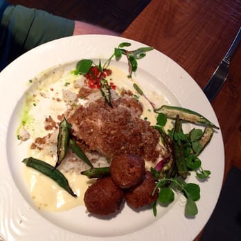 Soco Thornton Park - Pecan crusted fluke with lemon cream sauce and shrimp hush puppies!! - Southern Near Me - Orlando, Florida Soco Thornton Park - Pecan crusted fluke with lemon cream sauce and shrimp hush puppies!! - Southern Near Me - Orlando, Florida