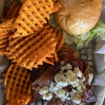 The Press - Half pound angus STEAKHOUSE BURGER (Bacon, Balsamic Onions, Spicy Cherry Peppers, Bleu Cheese crumbles, pickles & steak sauce) - Burgers Near Me - Saint Augustine, Florida