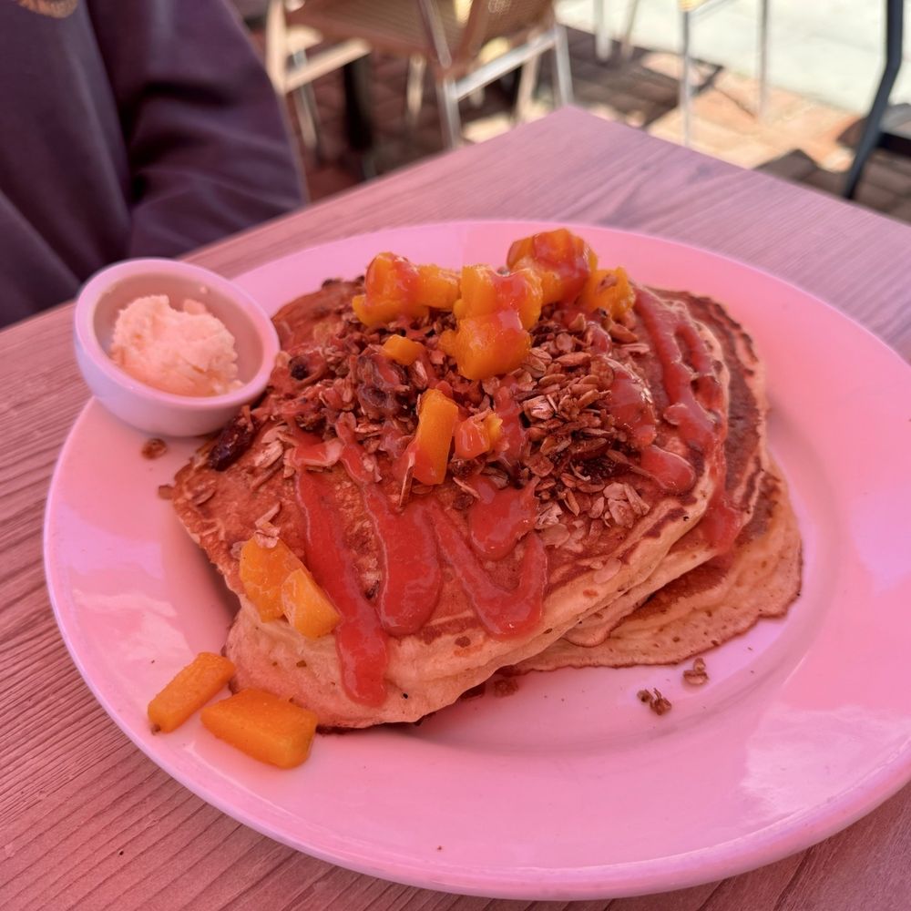 Shorehouse Kitchen - Mango Pancakes with guava syrup and granola - Coffee & Tea Near Me - La Jolla, California Shorehouse Kitchen - Mango Pancakes with guava syrup and granola - Coffee & Tea Near Me - La Jolla, California