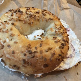 Meshuggah Bagels - I got the delicious Andrea. Onion bagel, scallion cream cheese with sliced red onions. It's a beautiful thing! - Bagels Near Me - Kansas City, Missouri Meshuggah Bagels - I got the delicious Andrea. Onion bagel, scallion cream cheese with sliced red onions. It's a beautiful thing! - Bagels Near Me - Kansas City, Missouri