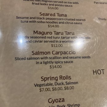 Aozora - App menu - The menu features Japanese and fusion appetizers such as beef sashimi, seared tuna, salmon carpaccio, spring rolls, and gyoza, with prices listed. - Japanese Near Me - Montclair, New Jersey