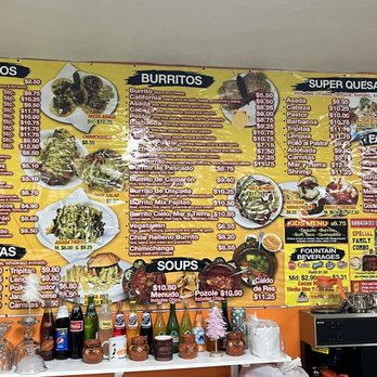Los 6 Hermanos - Huge wall menu - A colorful wall menu at Los 6 Hermanos features Mexican food options, including tacos, burritos, quesadillas, and soups, with prices and descriptions. - Mexican Near Me - Bernalillo, New Mexico