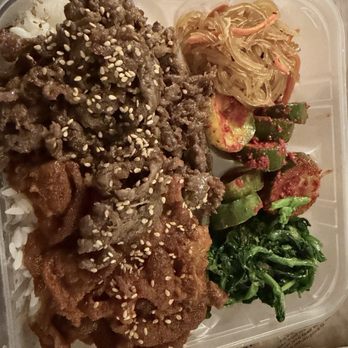 Seoulicious - Combo Plate: half Beef Bulgogi and Spicy pork with japchae, Korean broccoli, spicy cucumbers - Korean Near Me - Anaheim, California Seoulicious - Combo Plate: half Beef Bulgogi and Spicy pork with japchae, Korean broccoli, spicy cucumbers - Korean Near Me - Anaheim, California