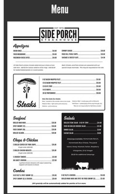 Menu photo 1 Side Porch Steak House Bartlett, TN Menu photo 1 Side Porch Steak House Bartlett, TN