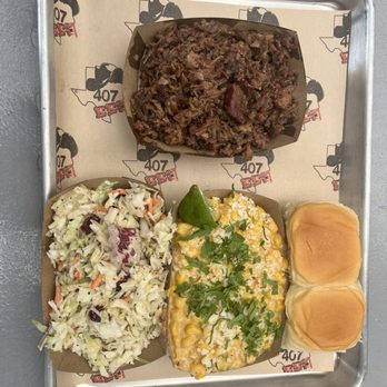 407 BBQ - Chopped Brisket, Cole Slaw, and Green Chile Elote - Barbeque Near Me - Argyle, Texas