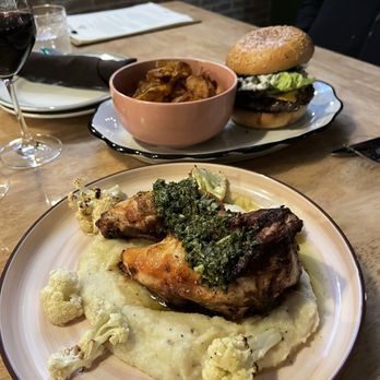 Big Finish Wine Tavern - 40min roast chicken--!! Takes 40 mins, definitely order it! Tavern burger in the back with chips. - Wine Bars Near Me - San Francisco, California Big Finish Wine Tavern - 40min roast chicken--!! Takes 40 mins, definitely order it! Tavern burger in the back with chips. - Wine Bars Near Me - San Francisco, California