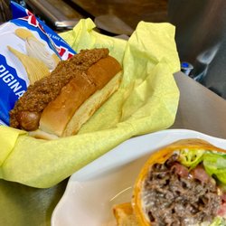 Steph's Steaks - All the way hot dogs and cheesesteak hoagie on sun-dried tomato wrap