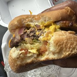 My own toppings (mustard, lettuce, tomatoes, grilled onions, mushrooms, and American cheese) with angus beef on a soft bun. My own toppings (mustard, lettuce, tomatoes, grilled onions, mushrooms, and American cheese) with angus beef on a soft bun.