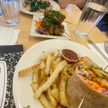 Good Karma Cafe - Buffalo Soldier, Chimichurri Style Seitan Sticks, Pineapple Mango Tempeh, side of fries. - Vegan Near Me - Red Bank, New Jersey