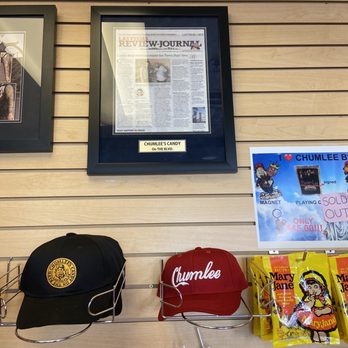 Chumlees Candy On The Blvd - Hats for sale and above a framed newspaper article. - Candy Stores Near Me - Las Vegas, Nevada Chumlees Candy On The Blvd - Hats for sale and above a framed newspaper article. - Candy Stores Near Me - Las Vegas, Nevada