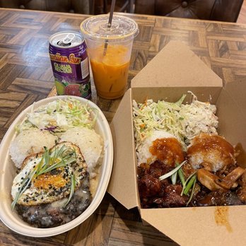 Buddha Bruddah - Loco Moco (left), chicken and pork combo (right) - Asian Fusion Near Me - Kenmore, Washington