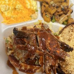 Pulled Pork sandwich w/eggs and house potatoes
