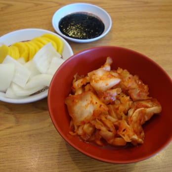 P & Y Cafe - Pickled Daikon, Raw Onions, Mystery Black Sauce/Paste and Kimchi from P & Y Cafe, Aurora, CO - April 7th 2012 visit. - Chinese Near Me - Aurora, Colorado