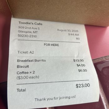Toodie’s Cafe & Gallery - Check for 1 burrito. 1 biscuit, 2 coffees - Cafes Near Me - Glasgow, Montana Toodie’s Cafe & Gallery - Check for 1 burrito. 1 biscuit, 2 coffees - Cafes Near Me - Glasgow, Montana