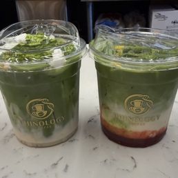Matcha einspanner ($8) and strawberry matcha latte ($8) Matcha einspanner ($8) and strawberry matcha latte ($8)