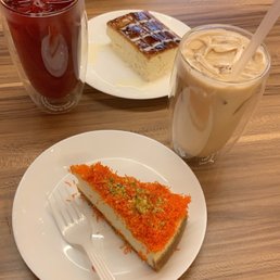 Knafa cheesecake and milk cake, iced mofawar and hibiscus refresher