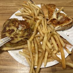 Edgartown Pizza - Greasy fried "Eggplant parm" with a scant layer of sauce on the roll, atop greasy fries.