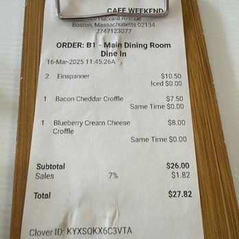 Cafe Weekend - Receipt showing forgetten orders - Breakfast & Brunch Near Me - Allston, Massachusetts Cafe Weekend - Receipt showing forgetten orders - Breakfast & Brunch Near Me - Allston, Massachusetts