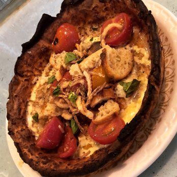 Milktooth - Bruschetta Dutch Baby Pancake - blistered tomato, garlic aioli, crispy onion & biscuit, basil - Breakfast & Brunch Near Me - Indianapolis, Indiana