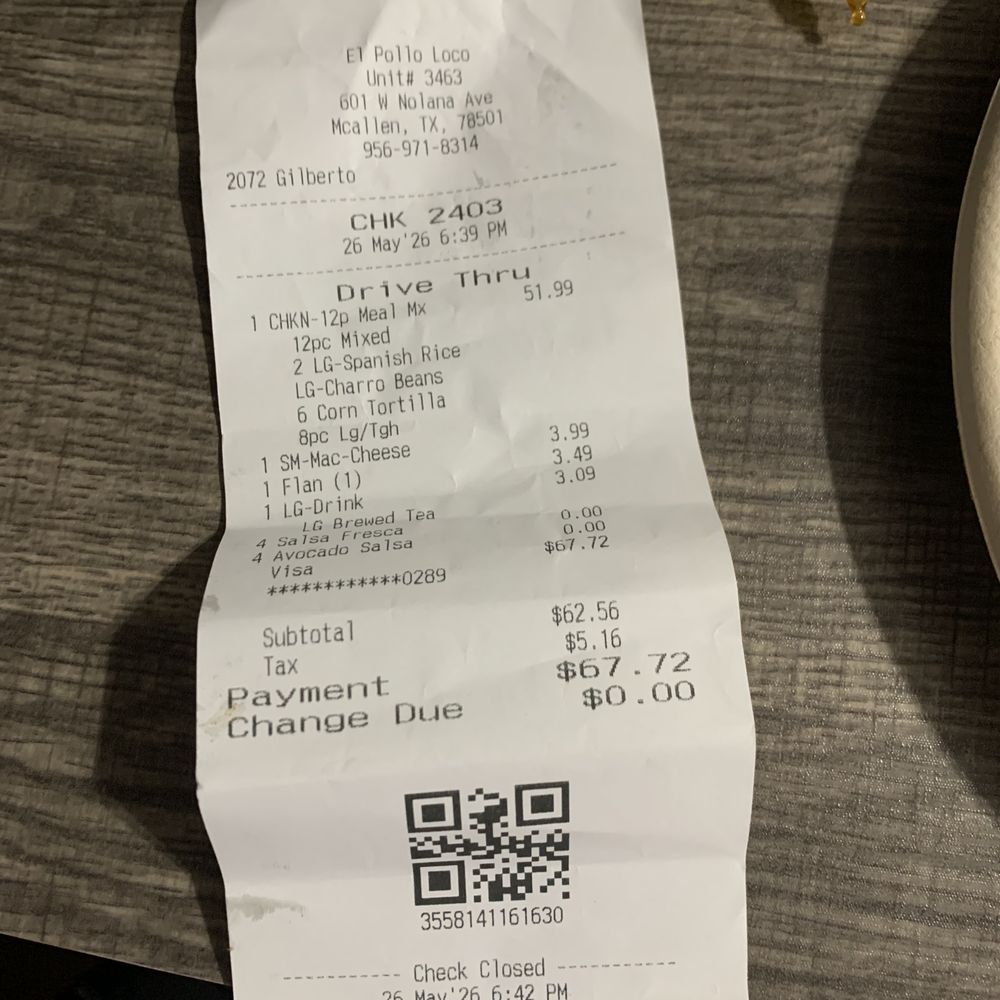 El Pollo Loco - Receipt charging extra for substitution as per Rosie - Mexican Near Me - Mcallen, Texas El Pollo Loco - Receipt charging extra for substitution as per Rosie - Mexican Near Me - Mcallen, Texas