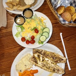 Cracker Barrel - Lemon Pepper Grilled Rainbow Trout (gluten free), SIDE House Salad , Country Fried Steak with Macaroni n' Cheese