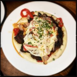 Smoke Signals - Burnt ends bowl (brisket burnt ends, shallots, roasted red peppers and provolone cheese served over mashed potatoes)