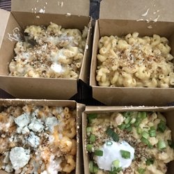 MamaBear's Mac - L-R Top-Bottom Chicken Bacon Ranch Mac, Vermont Cheddar Mac, Buffalo Chicken Mac w/ Blue Cheese, Loaded Baked Potato Mac