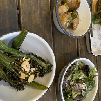 Camp Outpost - Grilled broccoli I, salad and smashed Yukon potatoes. And chicken of course - New American Near Me - Springdale, Utah