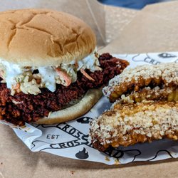Crossroad Hot Chicken  - Hot chicken sandwich with corn ribs