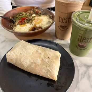 Nest Cafe - Breakfast burrito, power bowl, green monster smoothie, and Nutella coffee smoothie - Cafes Near Me - Bangor, Maine