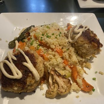 Jack's Firehouse - North Carolina Crab Cakes with Southern Spiced Vegetable Cous Cous with Garlic Aioli - Bars Near Me - Philadelphia, Pennsylvania Jack's Firehouse - North Carolina Crab Cakes with Southern Spiced Vegetable Cous Cous with Garlic Aioli - Bars Near Me - Philadelphia, Pennsylvania