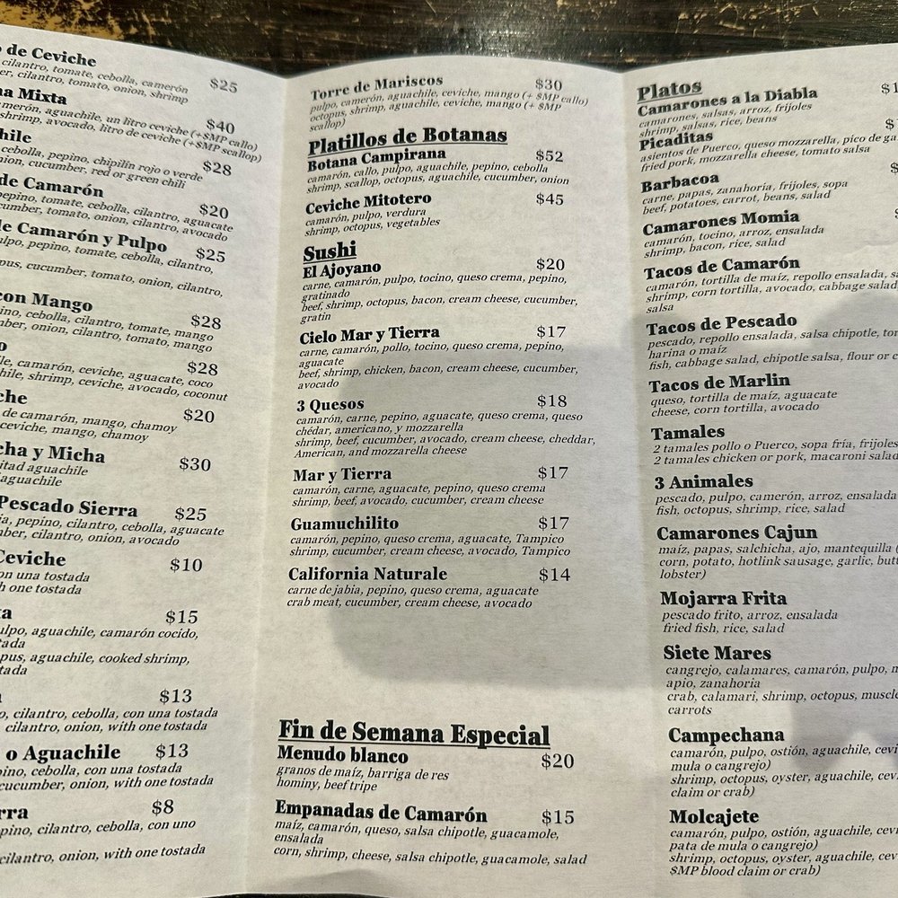 Mariscos El Ajoyano - Menu back side - updated May 2024 - Seafood Near Me - San Mateo, California