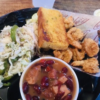 Moe's Original Bar B Que - Fried shrimp platter w/t red beans & rice and slaw / cornbread - Barbeque Near Me - Birmingham, Alabama Moe's Original Bar B Que - Fried shrimp platter w/t red beans & rice and slaw / cornbread - Barbeque Near Me - Birmingham, Alabama