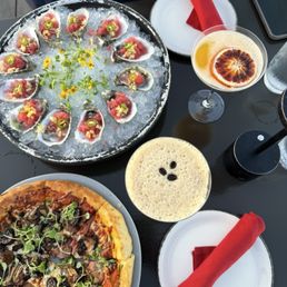 San Marzano pizza, Dozen oysters (comes with watermelon slush), espresso martini