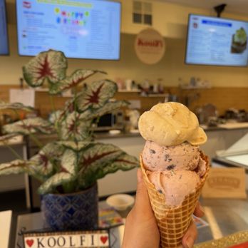 Koolfi Creamery - Triple scoop - Salted Caramel Mysore Pak, Burgundy Cherry Chocolate, Lotus & Rose - Ice Cream & Frozen Yogurt Near Me - San Francisco, California