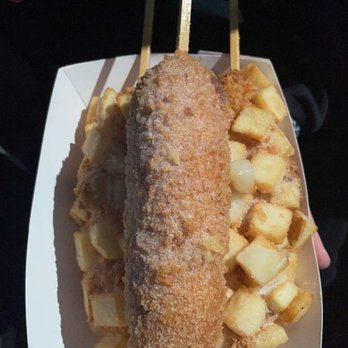 Jongro Rice Hotdog - Potato w/ mozzarella, potato w/ hotdog, (top) spicy hotdog - Hot Dogs Near Me - Flushing, New York