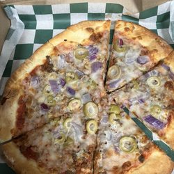 Mini beef, green olive, red onion. This is after it'd been in the fridge. I would have liked more cheese and could hardly find the beef.