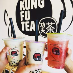 Kung Fu Milk tea with boba and strawberry lemonade with aloe jelly. Kung Fu Milk tea with boba and strawberry lemonade with aloe jelly.