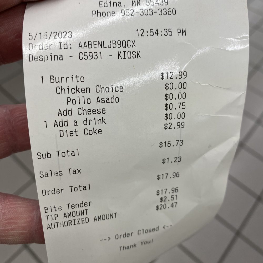 Taco Libre - Receipt from lunch - Mexican Near Me - Minneapolis, Minnesota