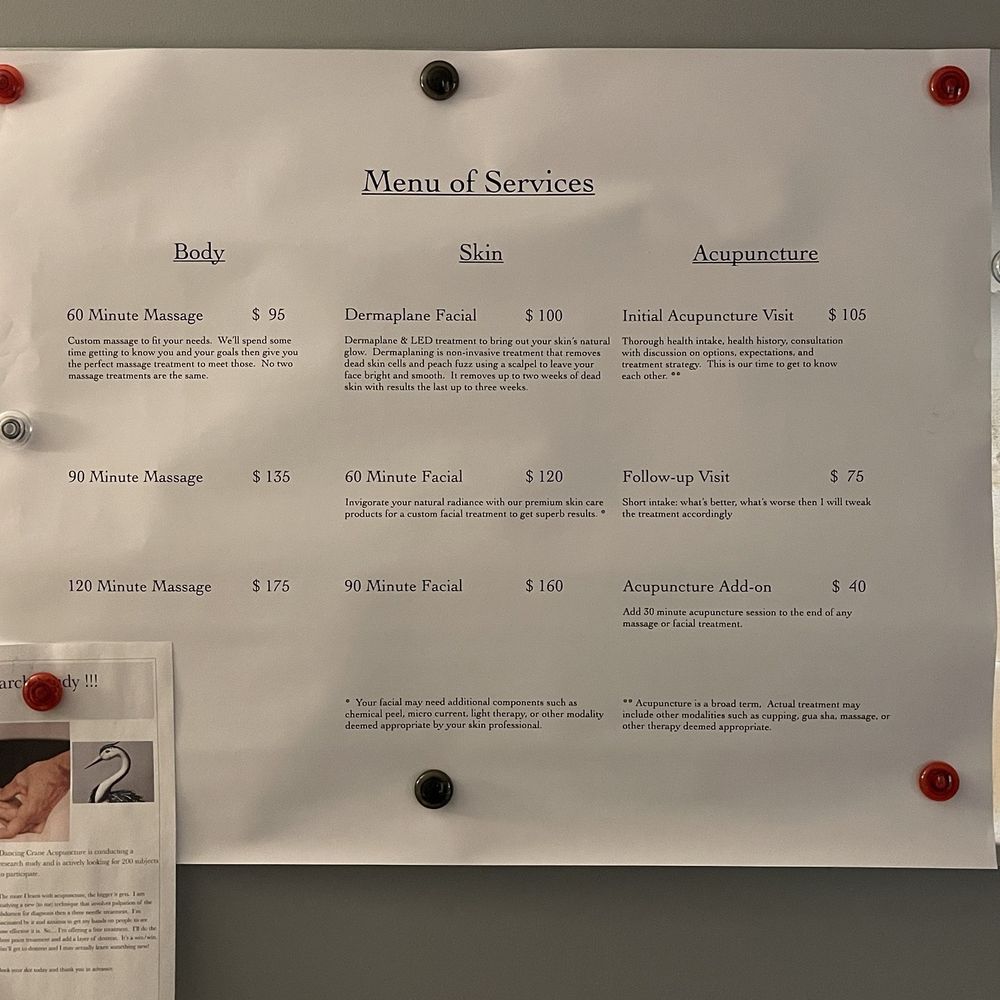 Dancing Crane Acupuncture - Menu of services - Acupuncture Near Me - Tulsa, Oklahoma Dancing Crane Acupuncture - Menu of services - Acupuncture Near Me - Tulsa, Oklahoma