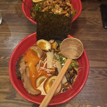 Ichimi - Spicy Miso Ramen (extra egg and extra mushroom) [closer to camera]  Szechwan Rice Bowl [farther from camera] - Japanese Near Me - Miami, Florida