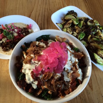Seabirds Kitchen - Holy Smokes Bowl, Mushroom Taco and Blistered Brussel Sprouts. - Vegan Near Me - Costa Mesa, California Seabirds Kitchen - Holy Smokes Bowl, Mushroom Taco and Blistered Brussel Sprouts. - Vegan Near Me - Costa Mesa, California