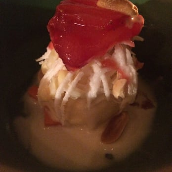 Langbaan - Dessert: duck egg coconut ice cream, rhubarb, corn, coconut, peanuts, strawberry, sweet potato - Thai Near Me - Portland, Oregon Langbaan - Dessert: duck egg coconut ice cream, rhubarb, corn, coconut, peanuts, strawberry, sweet potato - Thai Near Me - Portland, Oregon