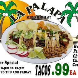 DINNER SPECIAL TACOS!! ASADA, PASTOR, CHICKEN, CARNITAS AND CHORIZO ONLY .99ea FROM 6.PM TO 10.PM Monday, Wednesday, Thursday and Friday.